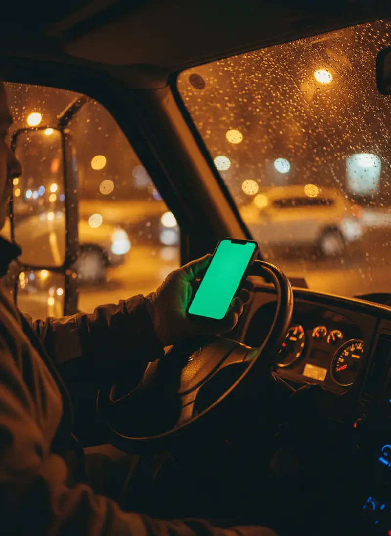 Contractor holding a ringing phone in a work truck at night